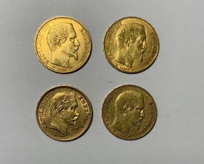 null * Quatre pièces de 20 francs or Napoléon III entre 1854 et 1861
Poids : 25.5...