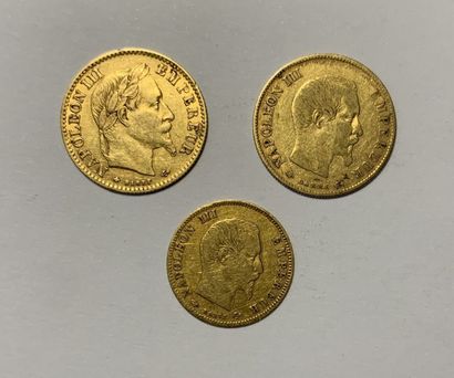 null * Deux pièces de 10 francs or Napoléon III de 1860 et 1863 et une pièce de 5...
