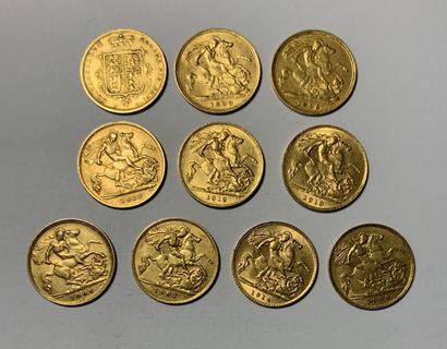 null * ANGLETERRE. 
Dix pièces en or souverains Victoria, Edward et Georges V
Poids...