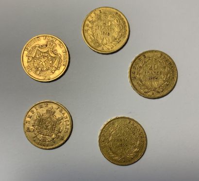 null * FRANCE
Cinq pièces de 20 francs or, comprenant quatre pièces de 20 francs...