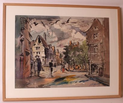 null Set of framed pieces including: 

- Auguste CLERGE (1891-1963)

Animated streets

Ink...