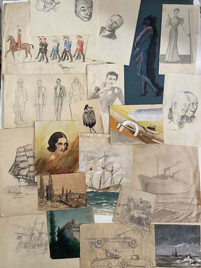 null Ensemble de dessins et études représentant des navires, Portraits de femmes,...