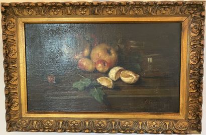 null School of the 19th century 

Still life with apples 

Oil on cardboard, signed...