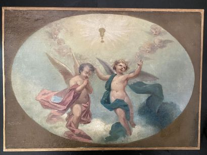 null ECOLE du XIXe siècle 

Deux angelots dans les cieux

Huile sur toile. 

46 x...