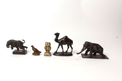 null SET of animal subjects in gilt bronze or brown patina representing two elephants,...