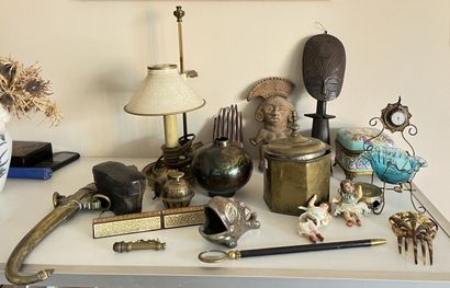 null Set of display objects including binoculars, ethnic objects, two miniature dolls,...