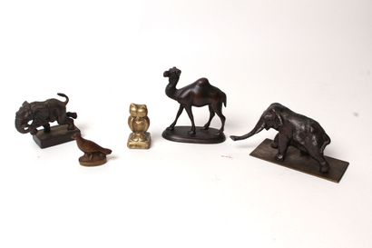 null SET of animal subjects in gilt bronze or brown patina representing two elephants,...