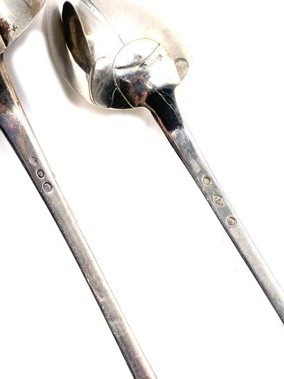 null Ladle and spoon with ragout out of plain silver 950 thousandths, the ladle stamped...