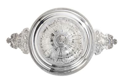 null Silver covered ecuelle engraved with two cartouches surmounted by a count's...