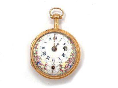 null POCKET WATCH in yellow gold 750 thousandth, the plain bottom, white enamelled...