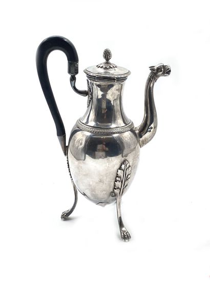 null Tripod silver coffee pot 950 thousandths posing on feet claw with leafy attachment,...