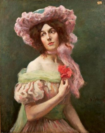 ECOLE FRANCAISE DEBUT XXÈME SCIÈCLE Portrait de femme à la rose et au chapeau Huile...
