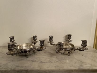 null Set in silver plated metal including a pair of candelabras with four arms of...