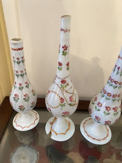 null Set of three soliflores vases and a pourer in opaline with green and pink floral...