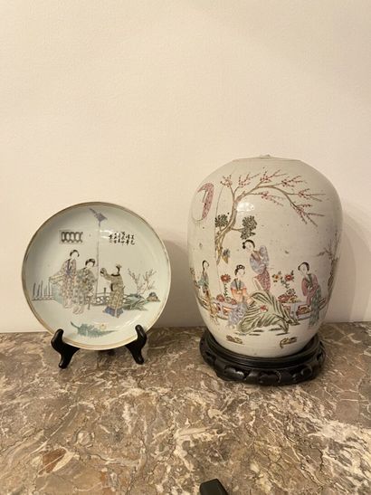 null CHINA
Plate and a ginger pot in porcelain with polychrome decoration of characters...