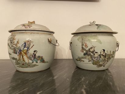 null CHINA
Three porcelain ginger pots with polychrome decoration of characters in...