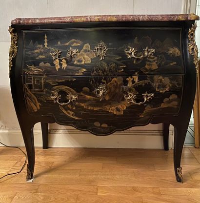 null COMMODE of curved form out of lacquered wood with decoration of lacustrian landscapes...