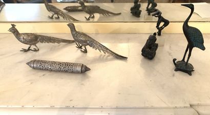 null Set of about nine statuettes in metal (?), bronze and wood including two pheasants,...