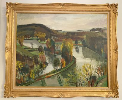 null Marcel BASLER (1917-1990)
View of a river 
Oil on canvas, signed lower right...
