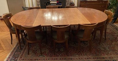 null Dining room table of oval shape and twelve chairs and two armchairs in mahogany...