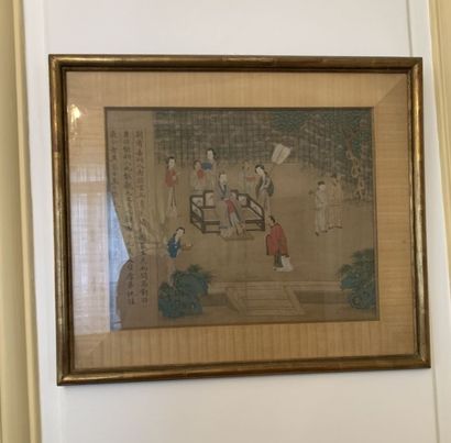 null CHINA AND JAPAN
Lot of framed pieces featuring birds and a palace scene. 
29.5...