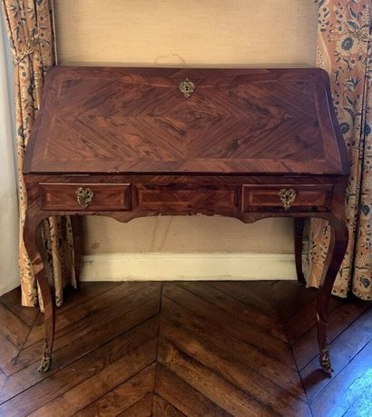 null Sloping desk in marquetry opening with two drawers in the belt and a flap revealing...