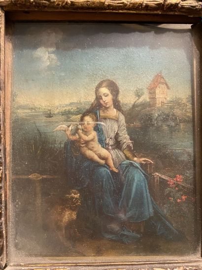 null D'après Raphaël
Vierge à l'enfant
Huile sur cuivre 
18,5 x 14,5 cm 
Dans un...