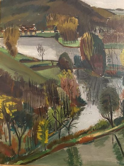 null Marcel BASLER (1917-1990)
View of a river 
Oil on canvas, signed lower right...