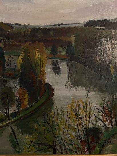 null Marcel BASLER (1917-1990)
Vue de rivière 
Huile sur toile, signée en bas à droite...