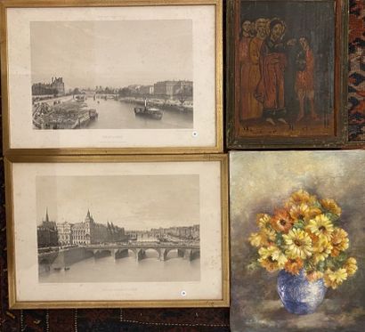 null Set of engravings, optical views, paintings, framed pieces and an icon.
