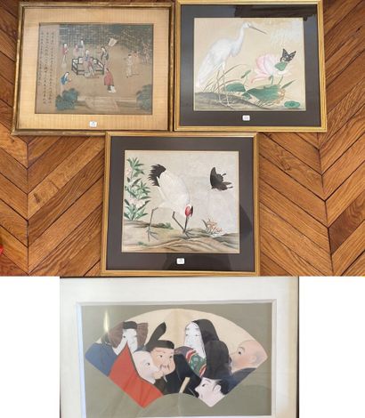 null CHINA AND JAPAN
Lot of framed pieces featuring birds and a palace scene. 
29.5...
