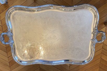 null Tray with contoured edge with two handles in silver plated metal monogrammed...