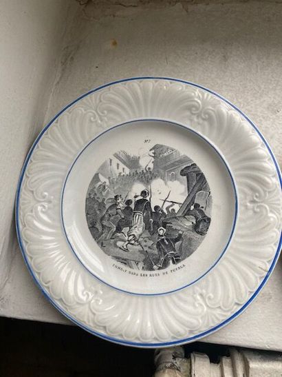 null Meeting of fine earthenware plates with grisaille decoration on different themes...