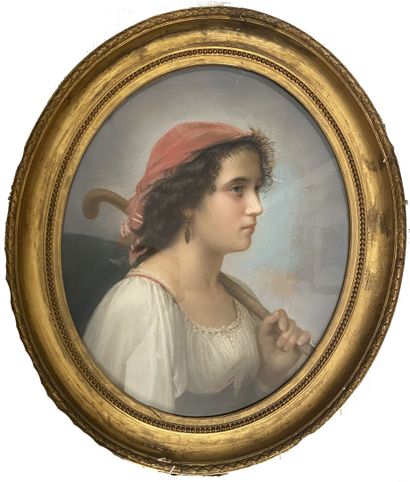 null Ecole Française du XIXesiècle:
Portrait de jeune fille de profil au bonnet rouge...