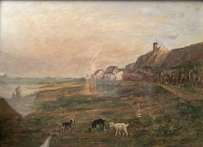 null Albert CHARPIN (1842-1924)
Chaumières chèvres 
Huile sur panneau, signée en...
