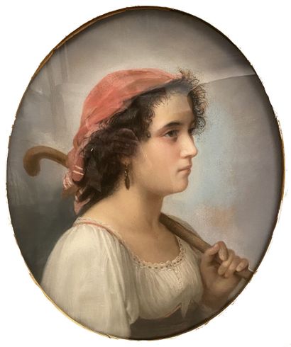 null Ecole Française du XIXesiècle:
Portrait de jeune fille de profil au bonnet rouge...