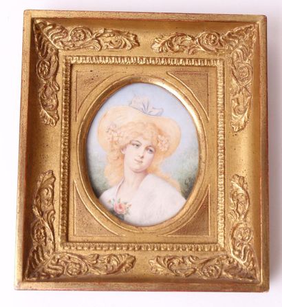 null George Henry HALL (1825-1913)
Portrait de jeune femme en robe blanche,une rose...