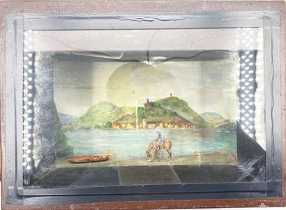 null Diorama représentant un cavalier au bord d'un fleuve.
19 x 26 x 10,5 cm