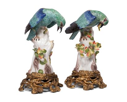 null MEISSEN
Pair of porcelain rollers perched on tree trunks and catching caterpillars,...