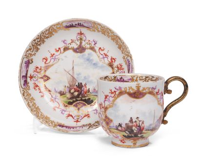 null Meissen
Porcelain cup and saucer with polychrome decoration of scenes of port...