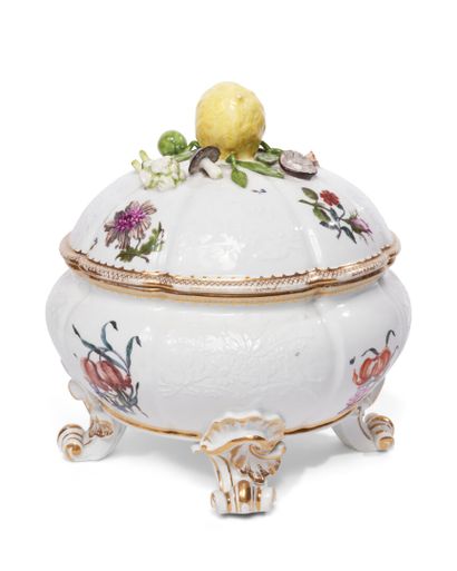 null MEISSEN
Porcelain covered round oille pot resting on four feet in console, decorated...