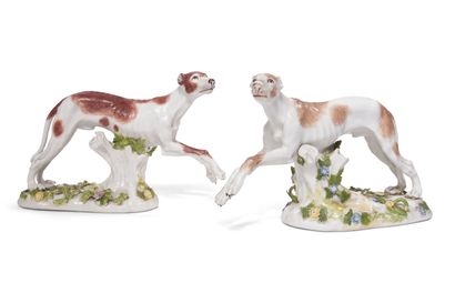null MEISSEN
Pair of porcelain statuettes representing greyhounds on a terrace
decorated...
