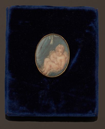 null Oval miniature representing a naked baby under a blue drapery, circled with...