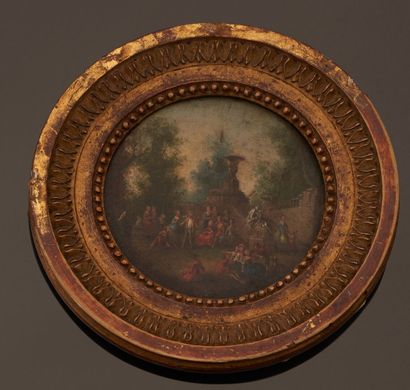 null Three round tableautins on wood and cardboard representing scenes of tavern...