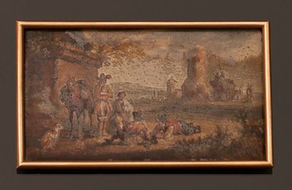null Four small fixed under glass, representing, view of a castle, landscapes of...