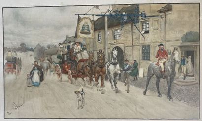 null Lot of framed pieces including:
- Cecil ALDIN (1870-1935). Carriage entering...