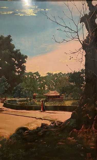 null Truong Van Thanh (XXe)
Deux panneaux de laque figurant un paysage animé et une...