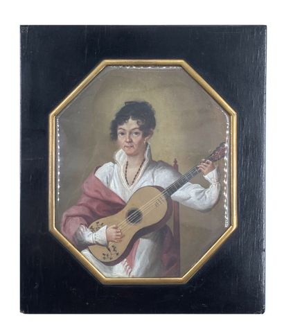 null ECOLE DU XIXème siècle
Portrait d'une musicienne, en robe blanche et châle rose
Dans...