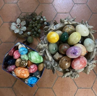 null Set of hard stones including a bowl on pedestal, carved eggs, fruits, etc. ...