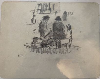 null Set of framed pieces including: 
- HIRTZ. Two seated figures. Pencil drawing,...